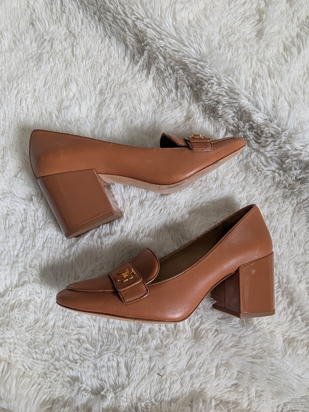 Tory Burch Tan Leather Loafer Chunky Square Heel Pumps Size 10 - Picture 2 of 7